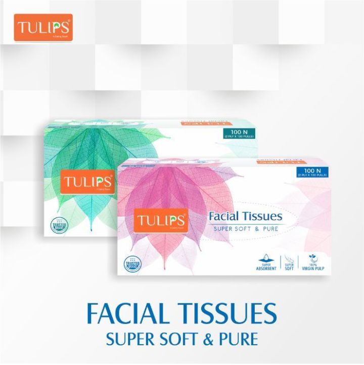Tulips Facial Dry Tissue Paper, Super Soft, Super Absorbent & 100% Pure, 2Ply x 100 Pulls (Pack of 2))