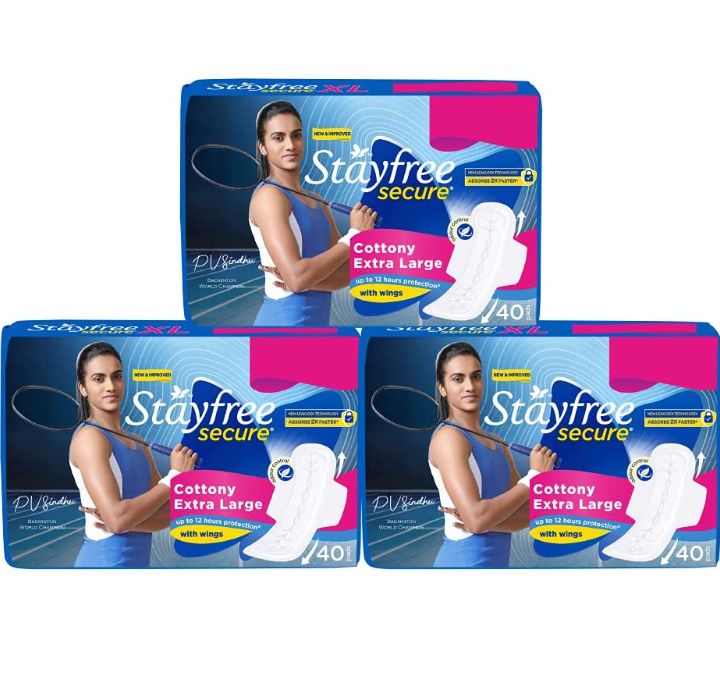Stayfree Secure Extra-Large Cottony Sanitary Pads for Women - 40pads x 3 (Pack of 120pads)