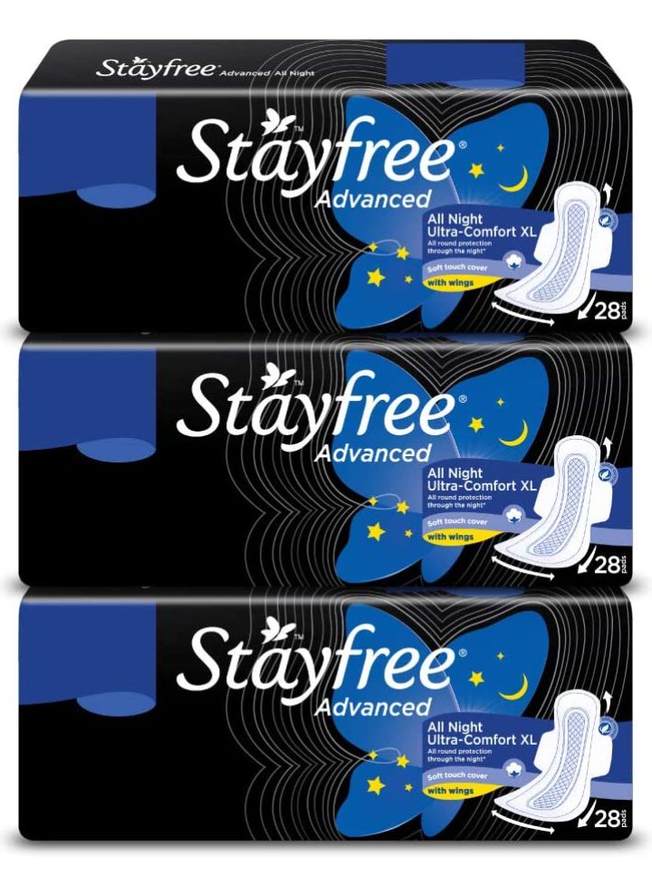 Stayfree Advance All Night Ultra Comfort Sanitary Napkin (XL) - 28pads ×3 (Pack of 84pads)