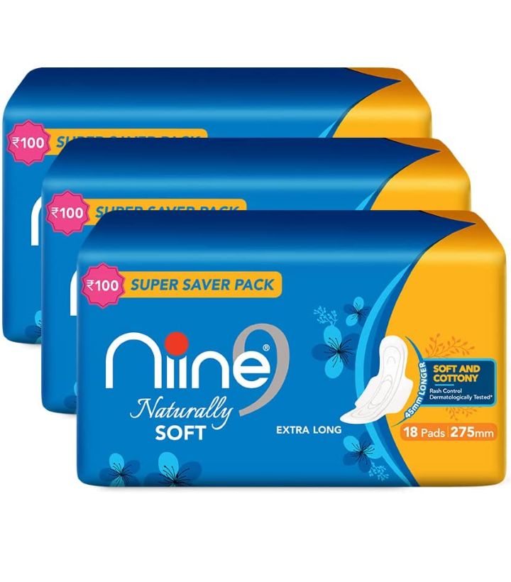 Niine Naturally Soft Extra Long Sanitary Pads - 18pads×3 (Pack of 54pads)