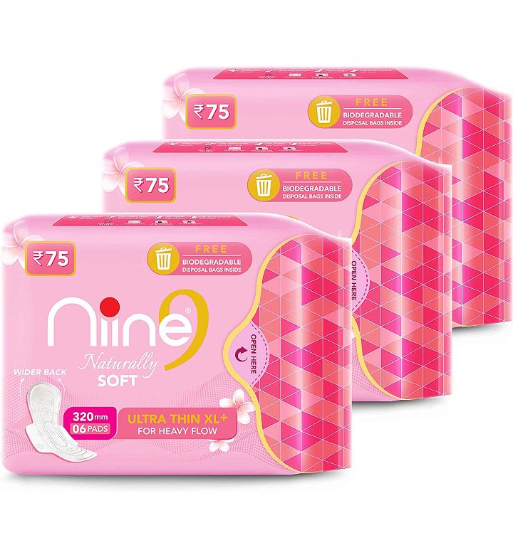 NIINE Naturally Soft Ultra Thin XL+, Sanitary Napkins for HEAVY FLOW - 6pads×3 (Pack of 18pads)