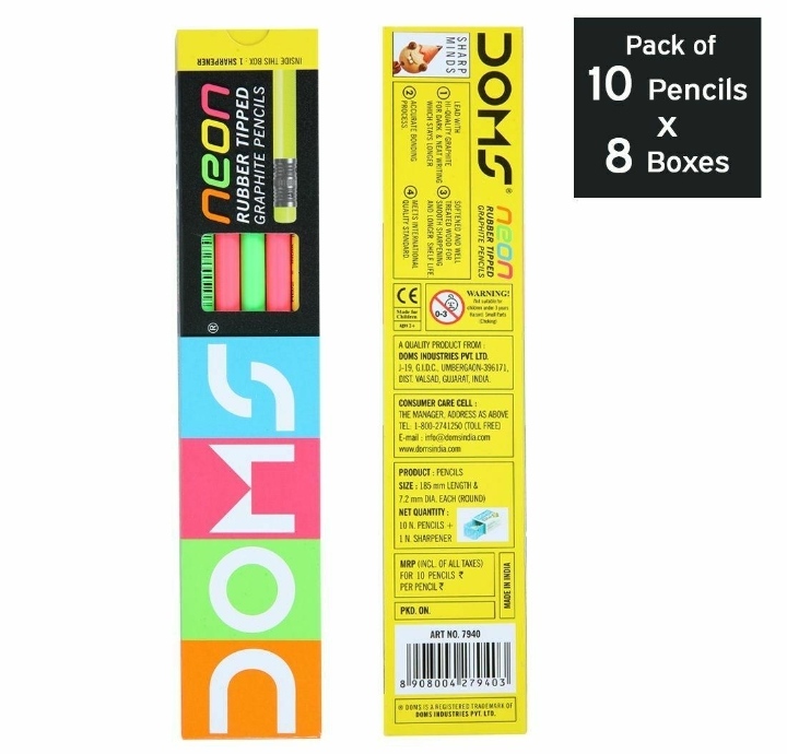 DOMS Neon Wooden Rubber Tipped Graphite Pencils 10 pcs (Set of 8) DOMS