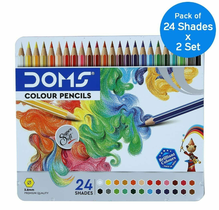 DOMS Supersoft Non-Toxic Colour Pencil Set in Flat Tin Box (24 Assorted Shades x 2 Set)
