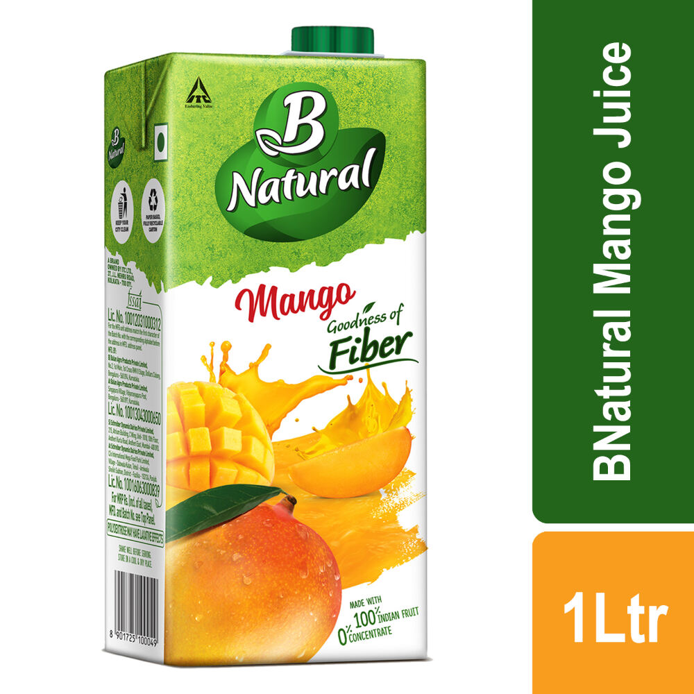 B Natural Mango Juice, Goodness of fiber, Made with choicest Mangoes, 1 litre
