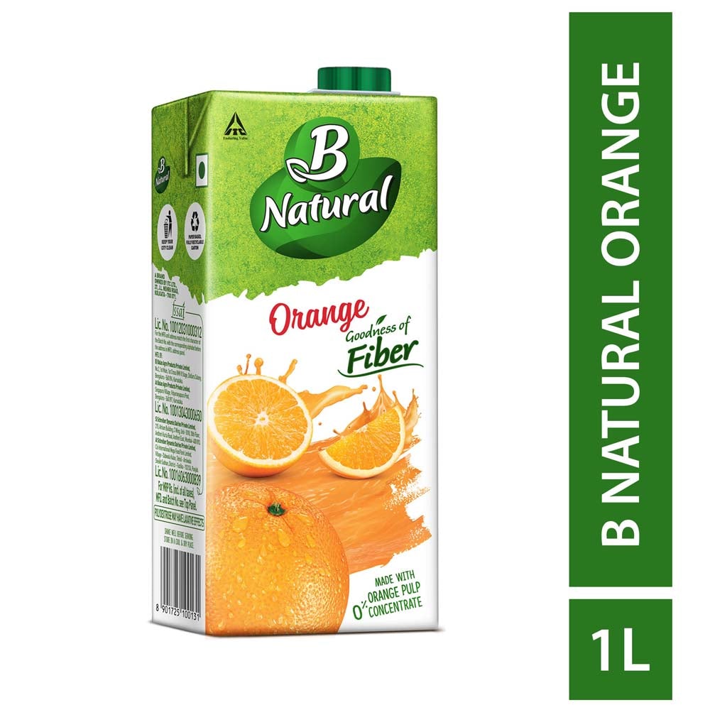 B Natural Orange Juice, Goodness of fiber, Made from choicest Oranges, 1 litre