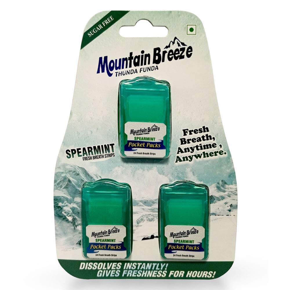 Mountain Breeze Sugar-Free Spearmint Fresh Breath Strips Blister Pack of 3*24Strip