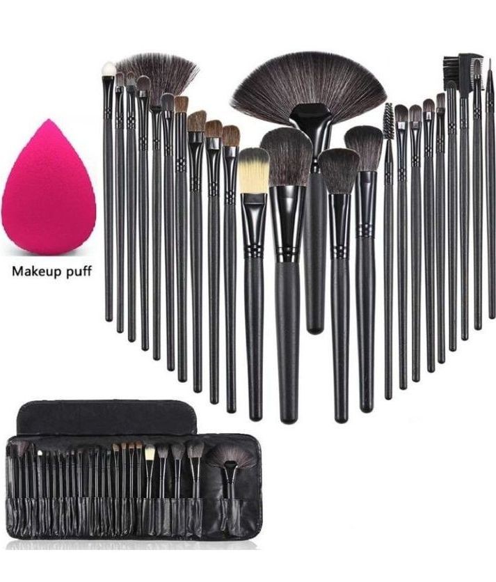 AY Makeup Brushes Sets With Leather Storage Pouch (24 Pieces and 1 Makeup Sponge Puff), Color May Vary