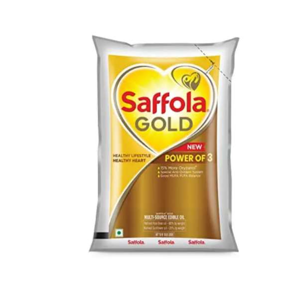 Saffola Gold Refined Cooking oil | Blend of Rice Bran & Sunflower oil | Helps Keeps Heart Healthy | 1 Litre pouch