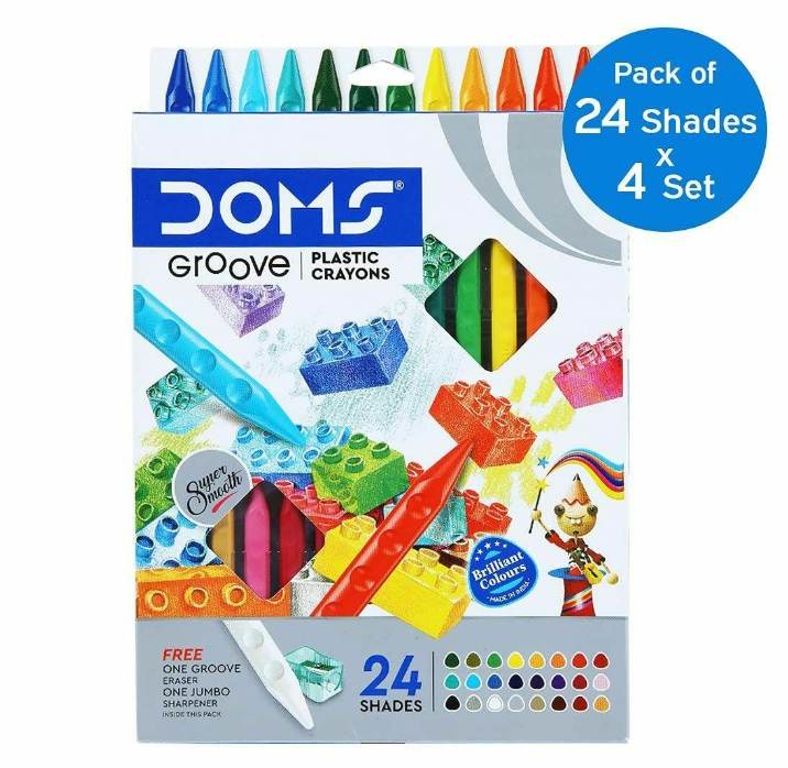 DOMS Groove Non-Toxic Assorted Erasable Plastic Crayon Set with Case 24 pcs (Set of 4)