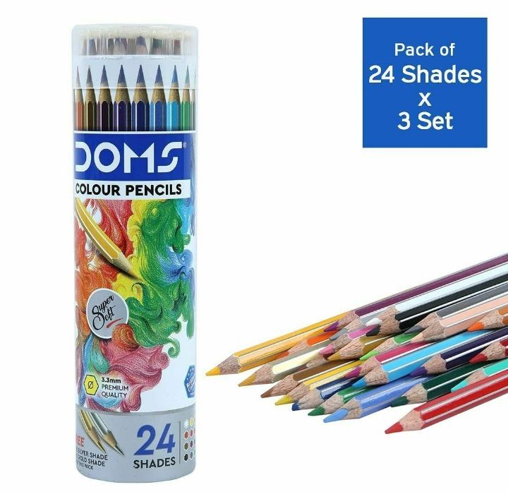 DOMS Non-Toxic Assorted Colour Pencil Set in Round Tin Box 24 pcs (Set of 3) DOMS